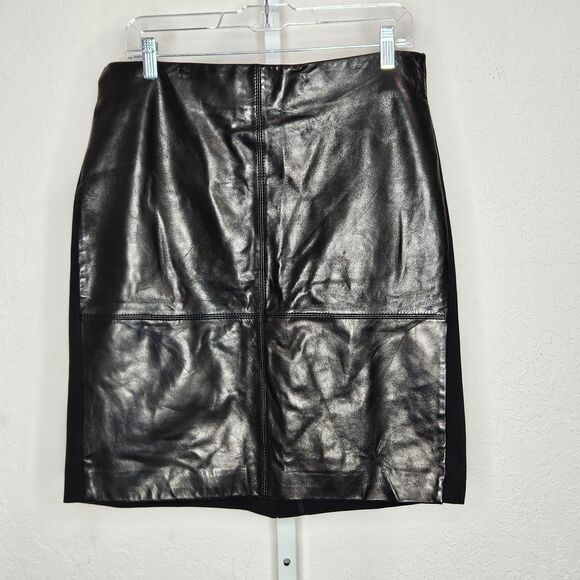 Talbots Petites Black Leather Front Panel Pencil Skirt Back Lined 12P - Picture 1 of 7